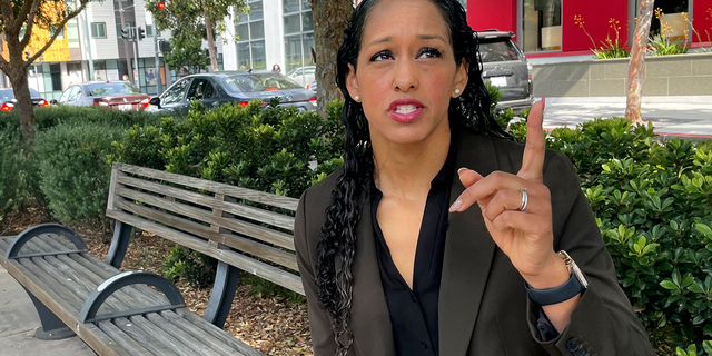 Former prosecutor Brooke Jenkins talks about the upcoming recall of district attorney Chesa Boudin during an interview in San Francisco on May 26, 2022. 