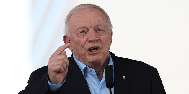 Jerry Jones, owner and president of the Dallas Cowboys, speaks during the 2026 FIFA World Cup host city announcement at the AT and T Discovery District on June 16, 2022 in Dallas, Texas.