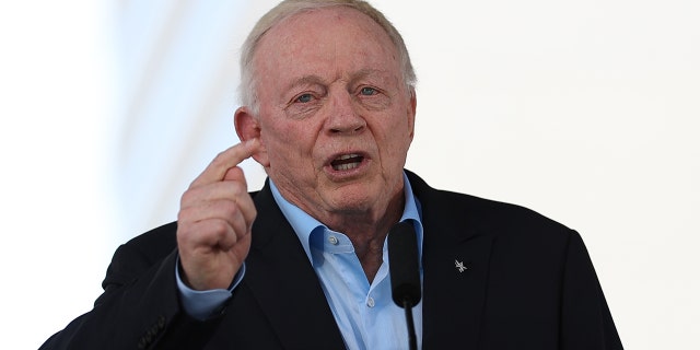 Jerry Jones, owner and president of the Dallas Cowboys, speaks during the 2026 FIFA World Cup host city announcement at the AT and T Discovery District on June 16, 2022 in Dallas, Texas.