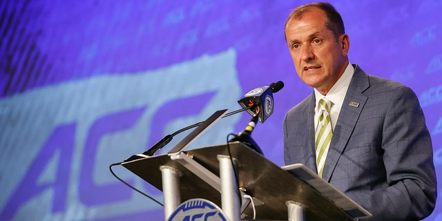 ACC Commissioner Jim Phillips answers questions during a press conference on July 20, 2022 in Charlotte, North Carolina.