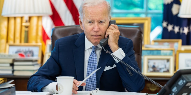 President Biden posted a photo of him speaking on the phone after a call with Chinese President Xi Jinping, July 28, 2022.