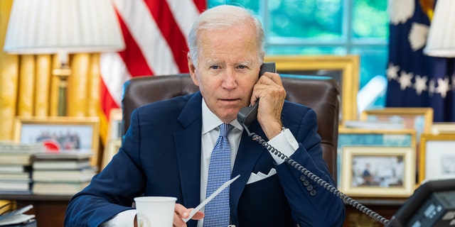 President Biden posted a photo of him speaking on the phone after a call with Chinese President Xi Jinping, July 28, 2022.