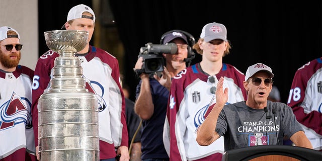 After a parade on the streets of downtown Denver on Thursday, June 30, 2022, the Stanley Cup was sitting on a nearby stand during a rally outside the city / county building for the NHL Hockey Champion, and the Colorado Avalanche General Manager Joe Sakick speaks.  .. 