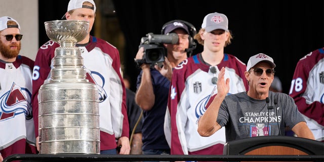 After a parade on the streets of downtown Denver on Thursday, June 30, 2022, the Stanley Cup was sitting on a nearby stand during a rally outside the city / county building for the NHL Hockey Champion, and the Colorado Avalanche General Manager Joe Sakick speaks.  .. 