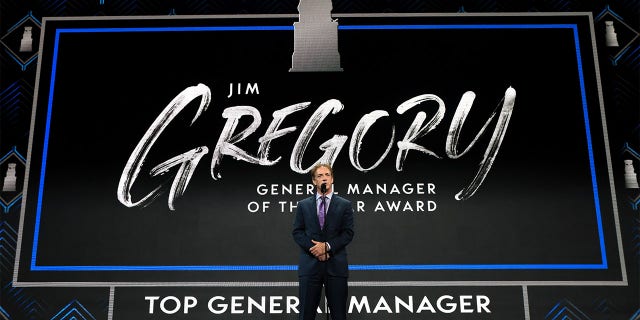 Colorado Avalanche's Joe Sakic speaks on stage after being awarded the Jim Gregory General Manager of the Year award during the first round of the 2022 NHL Entry Draft at the Bell Center on July 7, 2022 in Montreal, Quebec, Canada.