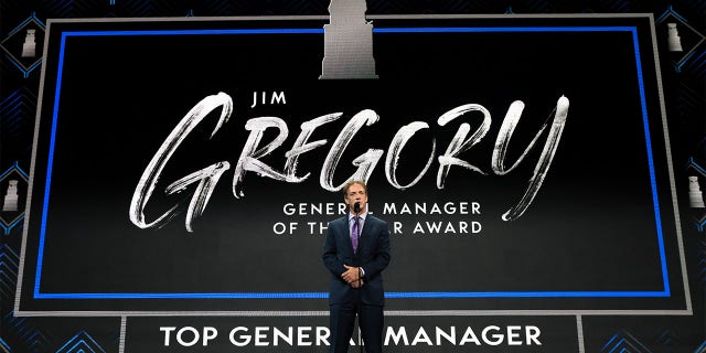 Colorado Avalanche's Joe Sakick won the Jim Gregory General Manager of the Year Award in the first round of the 2022 Upper Deck NHL Draft at the Bell Center in Montreal, Quebec, Canada on July 7, 2022. I will give a lecture on the stage. 