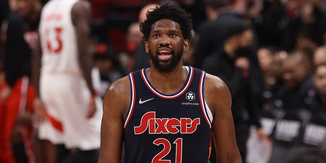 Philadelphia 76ers center Joel Embiid (21) as the Toronto Raptors fall to the Philadelphia 76ers in Game 6 and lose their first-round NBA playoff series 4–2 at the Scotiabank Arena in Toronto.  28 April 2022.