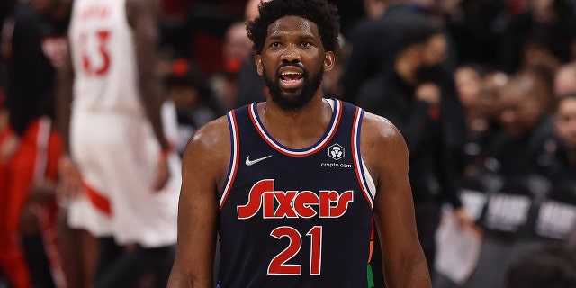 Philadelphia 76ers center Joel Embiid (21) as the Toronto Raptors fall the Philadelphia 76ers in Game 6 and lose their first round NBA playoff series 4-2 in Scotiabank Arena in Toronto. April 28, 2022.