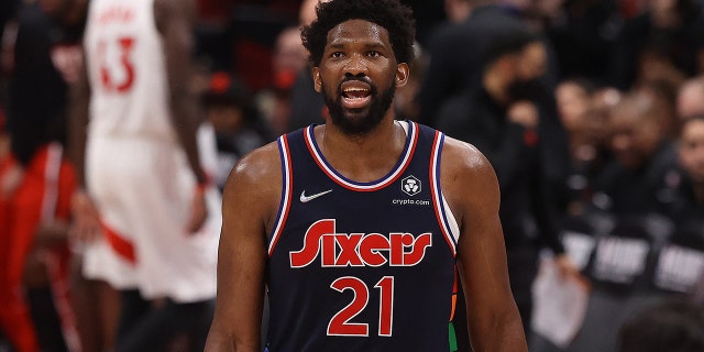 Philadelphia 76ers center Joel Embiid (21) as the Toronto Raptors fall to the Philadelphia 76ers in Game 6 and lose their first-round NBA playoff series 4–2 at the Scotiabank Arena in Toronto.  28 April 2022.