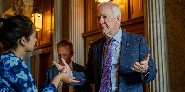 Sen. John Cornyn (R-TX) speaks to reporters ahead of a weekly Republican luncheon on Capitol Hill on June 22, 2022 in Washington, DC. 