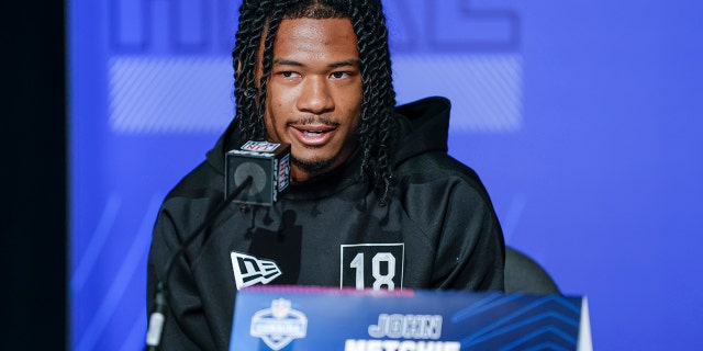 John Metchie of the Alabama Crimson Tide speaks to reporters during the NFL Draft Combine at the Indiana Convention Center March 2, 2022, in Indianapolis,.