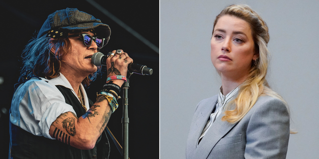 Split of Johnny Depp and Amber Heard. Left: Johnny Depp performs on stage with Jeff Beck (not pictured) during the Helsinki Blues Festival at Kaisaniemen Puisto on June 19, 2022 in Helsinki, Finland. 