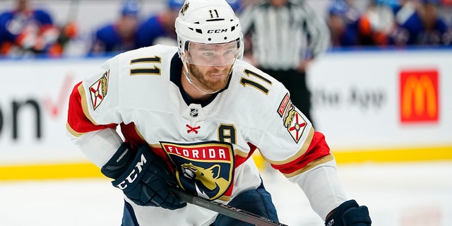 The Florida Panthers' Jonathan Huberdeau (11) skates during the third period of a game against the New York Islanders April 19, 2022, in Elmont, N.Y. 