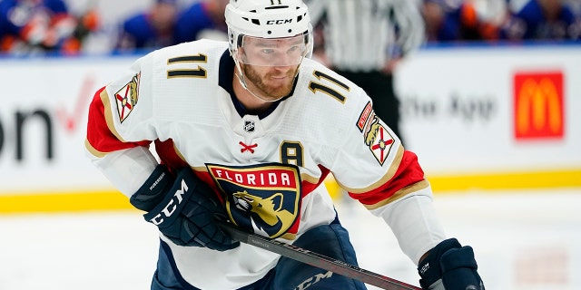 The Florida Panthers' Jonathan Huberdeau (11) skates during the third period of a game against the New York Islanders April 19, 2022, in Elmont, N.Y.