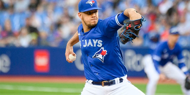 Toronto Blue Jays starting pitcher Jose Berrios (17) throws the ball during the first inning of a baseball game against the St. Louis Cardinals, Tuesday, July 26, 2022 in Toronto.
