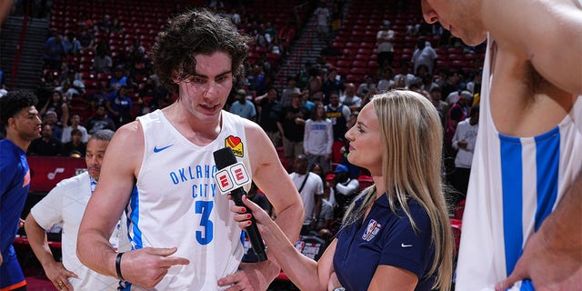 Josh Giddey #3 of Oklahoma City Thunder does a post game interview after the game against the Orlando Magic  during the 2022 Las Vegas Summer League on July 11, 2022 at the Thomas &amp;amp; Mack Center in Las Vegas, Nevada 