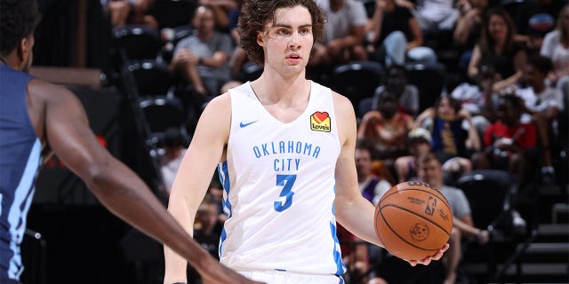 Josh Giddey #3 of the Oklahoma City Thunder dribbles the ball during the game against the Memphis Grizzlies during the 2022 Salt Lake City Summer League on July 6, 2022 at vivint.SmartHome Arena in Salt Lake City, Utah. 