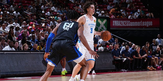 Josh Giddey  #3 of Oklahoma City Thunder handles the ball during the game during the game against the Orlando Magic during the 2022 Las Vegas Summer League on July 11, 2022 at the Thomas &amp;amp; Mack Center in Las Vegas, Nevada 