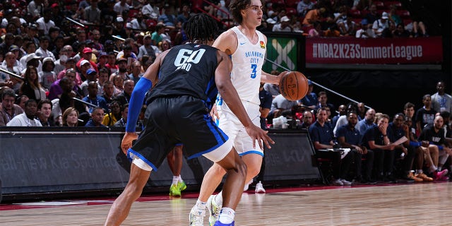 Josh Giddey #3 of Oklahoma City Thunder handles the ball during the game during the game against the Orlando Magic during the 2022 Las Vegas Summer League on July 11, 2022 at the Thomas & Mack Center in Las Vegas, Nevada