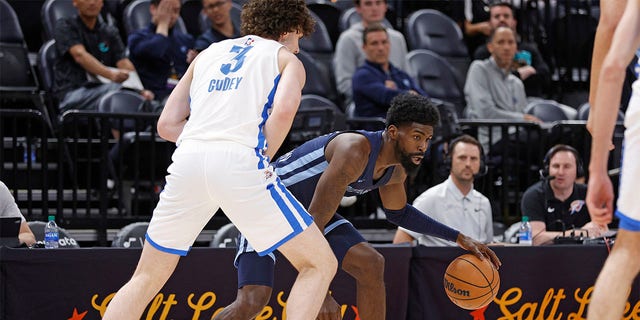 Memphis Grizzlies guard Shaq Buchanan is defended by Oklahoma City Thunder guard Josh Giddey (3) during the first half of an NBA summer league basketball game Wednesday, 七月 6, 2022, in Salt Lake City. 