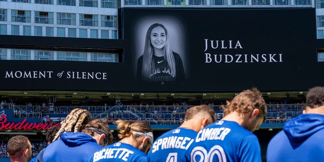 Toronto Blue Jays have a moment of silence for Julia Budzinski before playing the Tampa Bay Rays at Rogers Centre.