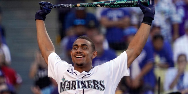 Julio Rodriguez of the Seattle Mariners of the American League smiles during the Major League Baseball All-Star Game home run derby on Monday, July 18, 2022, in Los Angeles.