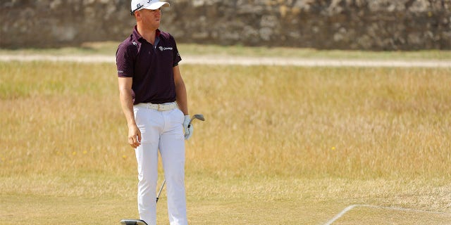 Justin Thomas of The United States looks on from the 2nd during a practice round prior to The 150th Open at St Andrews Old Course on July 11, 2022 in St Andrews, Scotland.