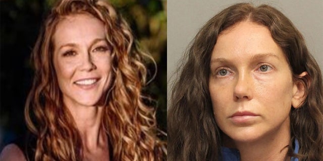 Left: An image showing what Kaitlin Armstrong used to look like, circulated widely on wanted posters by the U.S. Marshals. Right: Her most recent booking photo in Harris County, Texas, taken Sunday.