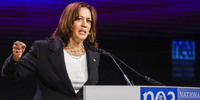 Vice President Kamala Harris speaks at the National Education Association 2022 annual meeting and representative assembly in Chicago, Illinois, on Tuesday, July 5, 2022. Harris highlighted educators role in communities across the country and the administration's investments to support students and educators, according to the White House. Photographer: Tannen Maury/EPA/Bloomberg via Getty Images 
