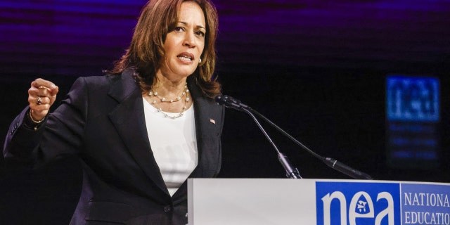 US Vice President Kamala Harris speaks at the National Education Association 2022 Annual Meeting and Conference of Representatives in Chicago, Illinois, USA, Tuesday, July 5, 2022. Harris emphasized the role of educators in communities across the country and the government's investment in supporting students and educators.  , according to the White House. Photographer: Tannen Maury/EPA/Bloomberg via Getty Images 