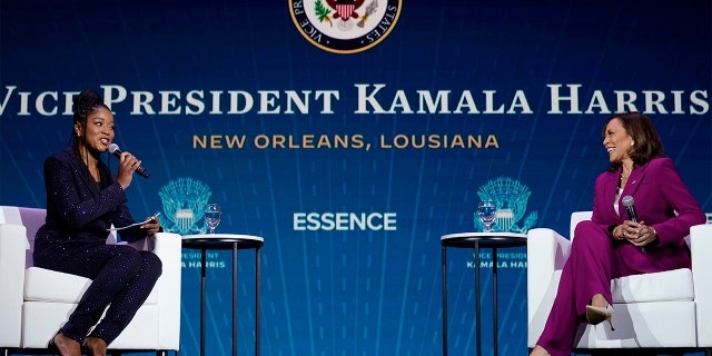 Vice President Kamala Harris speaks with actress Keke Palmer, left, at an event as part of the Essence Festival of Culture in New Orleans, Saturday, July 2, 2022.