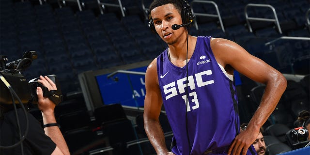 Keegan Murray #13 of the Sacramento Kings is interviewed after the 2022 California Classic on July 5, 2022 at Chase Center in San Francisco, California. 