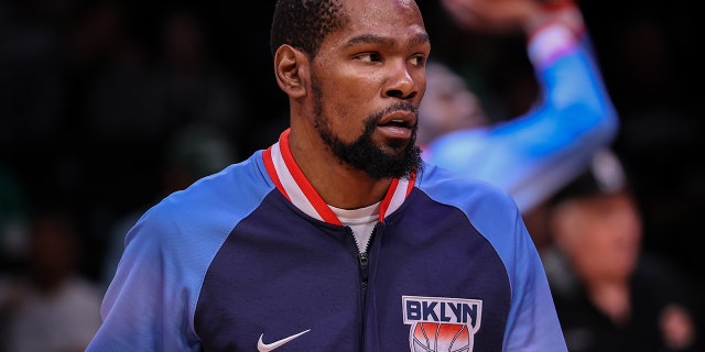 Kevin Durant of Brooklyn Nets warms up before NBA playoffs between Brooklyn Nets and Boston Celtics at the Barclays Center in Brooklyn of New York City, United States on April 25, 2022.