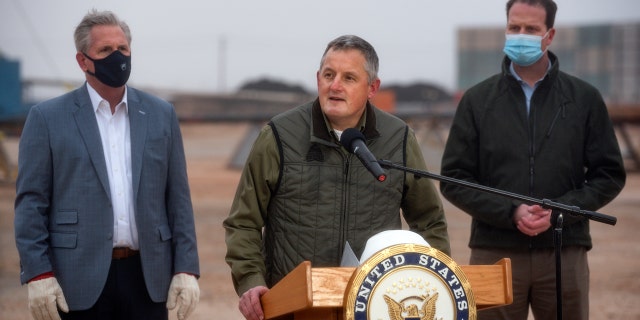 House Natural Resources Chairman Bruce Westerman, R-Ark., speaks alongside House Speaker Kevin McCarthy, R-Calif., and Rep. August Pfluger, R-Texas, on Feb. 10, 2021, in Midland, Texas.