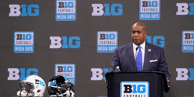 Big Ten Commissioner Kevin Warren speaks to reporters during an NCAA college football press conference at the Big Ten Conference press days, at Lucas Oil Stadium, Tuesday, July 26, 2022, in Indianapolis. 