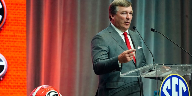 Georgia Bulldogs' head coach Kirby Smart speaks during NCAA college football Southeastern Conference Media Days, Wednesday, July 20, 2022, in Atlanta.