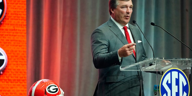 Georgia Bulldogs' head coach Kirby Smart speaks during NCAA college football Southeastern Conference Media Days, Wednesday, July 20, 2022, in Atlanta.