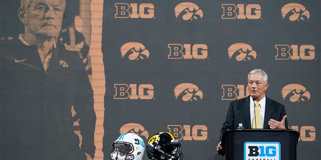 Iowa head coach Kirk Ferentz talks to reporters during an NCAA college football news conference at the Big Ten Conference media days, at Lucas Oil Stadium, Tuesday, July 26, 2022, in Indianapolis.