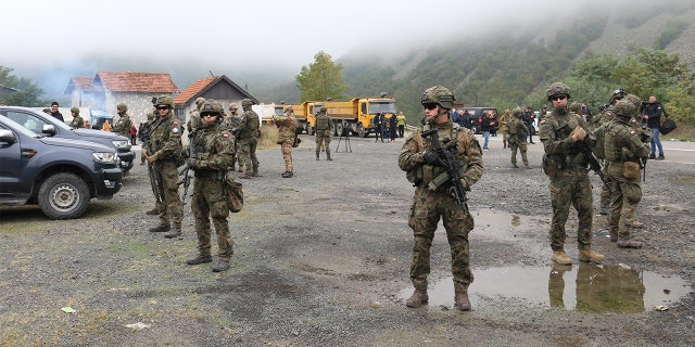 FILE - A view from the road to the Jarinje and Bernjak border crossings, after Kosovo Serbs removed the barricades they had set up, in Jarinje, Kosovo, on Oct. 2, 2021.