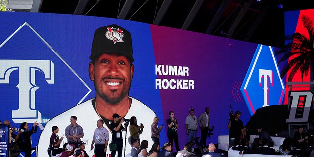 Kumar Rocker is annonunced as the third pick of the 2022 MLB baseball draft, by the Texas Rangers, Sunday, July 17, 2022, in Los Angeles.