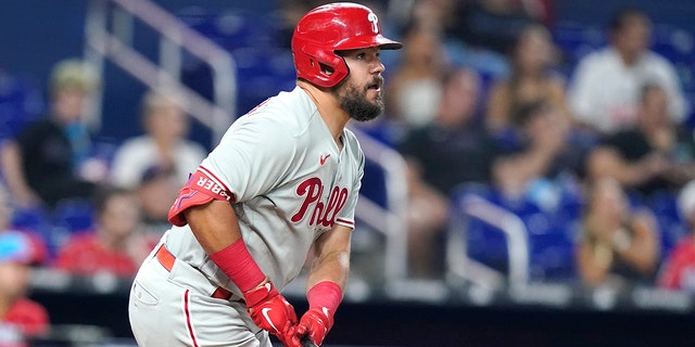 Philadelphia Phillies' Kyle Schwarber watches his solo home run against the Marlins, Saturday, July 16, 2022, in Miami.