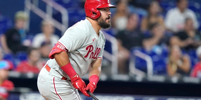 Philadelphia Phillies' Kyle Schwarber watches his solo home run against the Marlins, Saturday, July 16, 2022, in Miami.