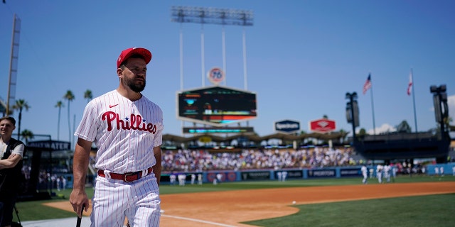 Philadelphia Phillies' Kyle Schwarber takes batting practice a day before the 2022 MLB All-Star baseball game, Monday, July 18, 2022, in Los Angeles.