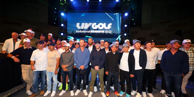 A group photo of the teams is seen during the welcome party for the LIV Golf Invitational - Bedminster at Gotham Hall on July 27, 2022 in New York, New York.
