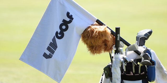 A flag with the LIV Golf logo is seen during the first Pro-Am before the LIV Golf Invitational - Portland at Pumpkin Ridge Golf Club on June 29, 2022 in North Ground, Oregon.