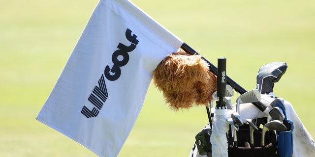 A detailed view of a flag with LIV Golf logo is seen during the pro-am prior to the LIV Golf Invitational - Portland at Pumpkin Ridge Golf Club on June 29, 2022 in North Plains, Oregon.