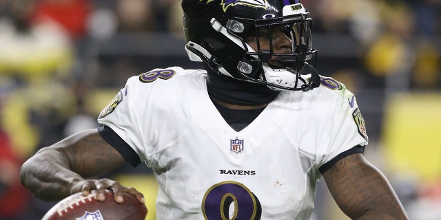 Dec 5, 2021; Pittsburgh, Pennsylvania, USA; Baltimore Ravens quarterback Lamar Jackson (8) prepares to throw the ball against the Pittsburgh Steelers during the third quarter at Heinz Field. Pittsburgh won 20-19.