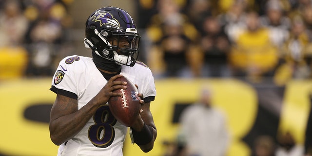 Dec 5, 2021; Pittsburgh, Pennsylvania, USA;  Baltimore Ravens quarterback Lamar Jackson (8) looks to pass the ball against the Pittsburgh Steelers during the first quarter at Heinz Field.