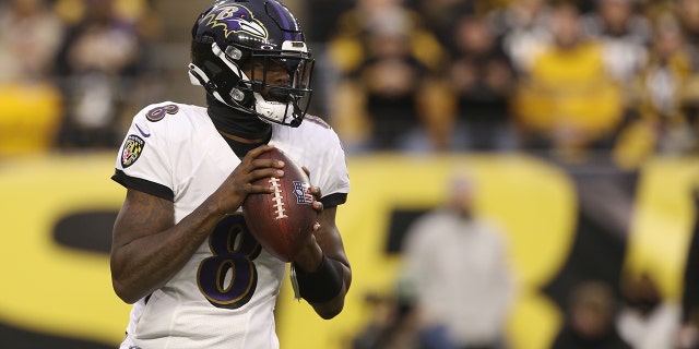 Dec 5, 2021; Pittsburgh, Pennsylvania, USA;  Baltimore Ravens quarterback Lamar Jackson (8) looks to pass the ball against the Pittsburgh Steelers during the first quarter at Heinz Field.