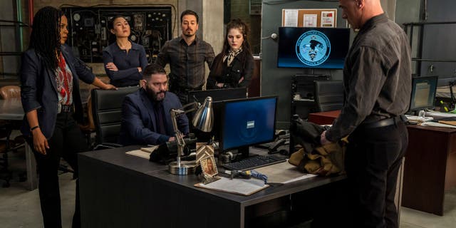Chris Meloni, right, is joined by cast members, from left, Danielle Moné Truitt, Rachel Lin, Guillermo Diaz, Mike Cannon and Ainsley Seiger.